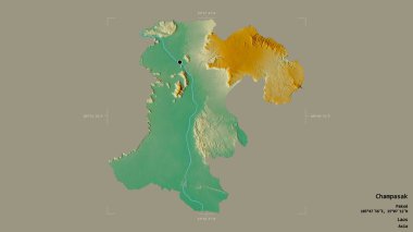 Champasak bölgesi, Laos vilayeti, jeoreferatlı bir sınır kutusunda sağlam bir arka planda izole edilmiş. Etiketler. Topografik yardım haritası. 3B görüntüleme