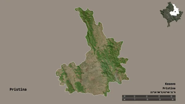 科索沃地区普里什蒂纳的形状 其首都孤立在坚实的背景之下 距离尺度 区域预览和标签 卫星图像 3D渲染 — 图库照片
