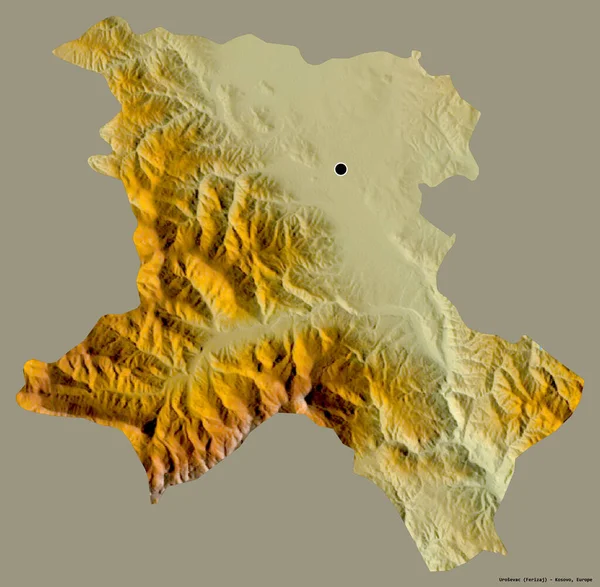 コソボ地区のウロシェヴァツの形で その首都はしっかりとした色の背景に孤立しています 地形図 3Dレンダリング — ストック写真