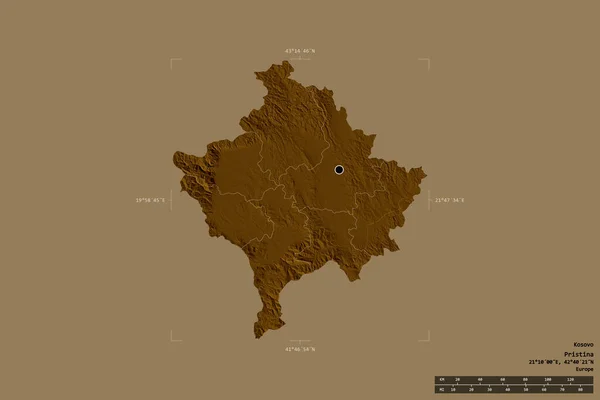 在一个地理参照框的坚实背景上孤立的科索沃地区 主要区域分部 距离标度 彩色高程图 3D渲染 — 图库照片