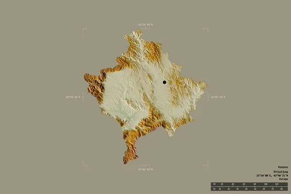 Area of Kosovo isolated on a solid background in a georeferenced bounding box. Main regional division, distance scale, labels. Topographic relief map. 3D rendering