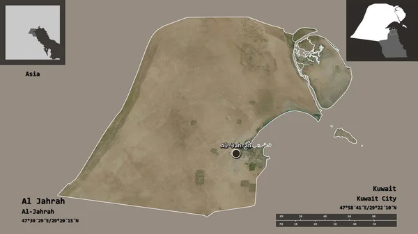 科威特省Al Jahrah的形状及其首都 距离刻度 预览和标签 卫星图像 3D渲染 — 图库照片