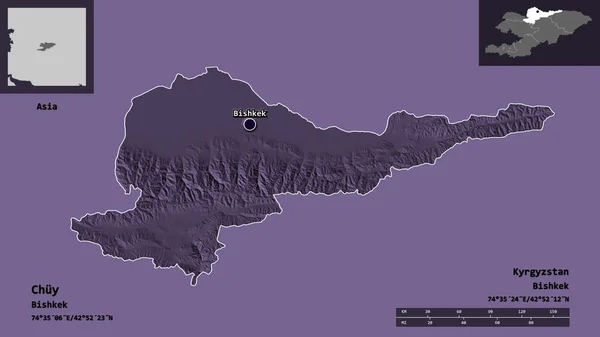 キルギスタンのチュイ州とその首都の形 距離スケール プレビューおよびラベル 色の標高マップ 3Dレンダリング — ストック写真