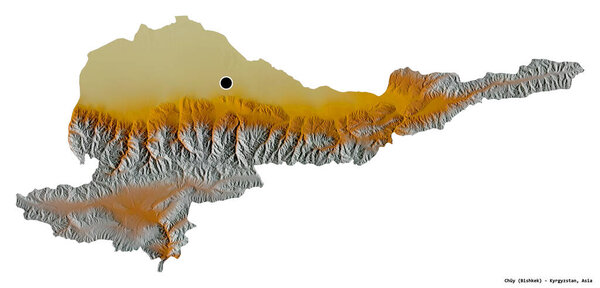 Shape of Chuy, province of Kyrgyzstan, with its capital isolated on white background. Topographic relief map. 3D rendering