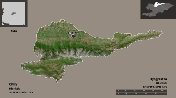 キルギスタンのチュイ州とその首都の形 距離スケール プレビューおよびラベル 衛星画像 3Dレンダリング — ストック写真