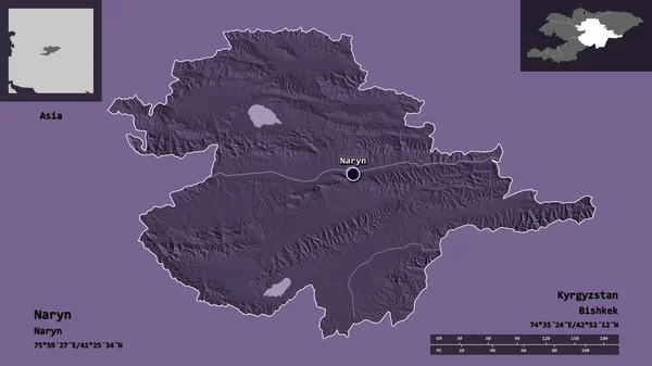 Formen Naryn Provinsen Kirgizistan Och Dess Huvudstad Avståndsskala Förhandsvisningar Och — Stockfoto