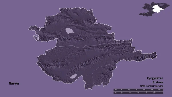 キルギスタンのナリン県の形で その首都はしっかりとした背景に隔離されています 距離スケール リージョンプレビュー およびラベル 色の標高マップ 3Dレンダリング — ストック写真