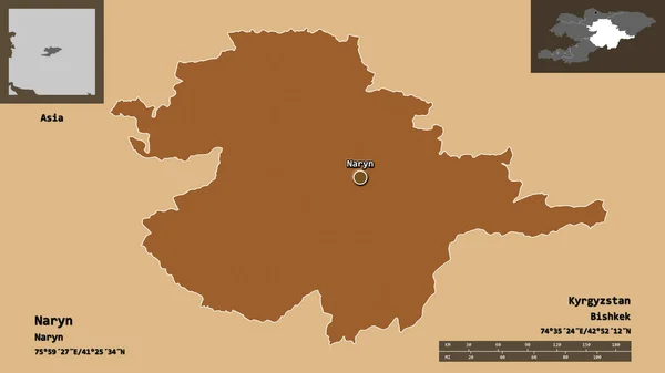 キルギス共和国のナリン県とその首都の形 距離スケール プレビューおよびラベル パターン化されたテクスチャの構成 3Dレンダリング — ストック写真