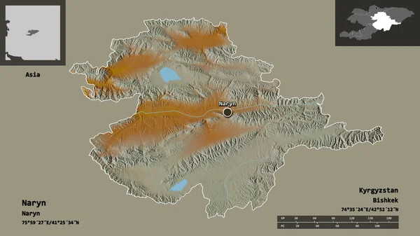 Naryn Şekli Kırgızistan Ili Başkenti Uzaklık Ölçeği Gösterimler Etiketler Topografik — Stok fotoğraf