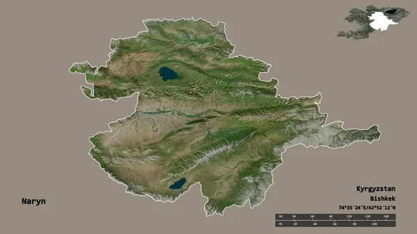 キルギスタンのナリン県の形で その首都はしっかりとした背景に隔離されています 距離スケール リージョンプレビュー およびラベル 衛星画像 3Dレンダリング — ストック写真