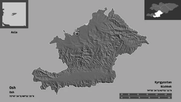 吉尔吉斯斯坦奥什省的形状及其首都 距离刻度 预览和标签 Bilevel高程图 3D渲染 — 图库照片