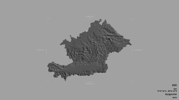 キルギスのオシュ州の地域は 地理的な境界線の箱の中にしっかりとした背景に隔離されています ラベル 標高マップ 3Dレンダリング — ストック写真