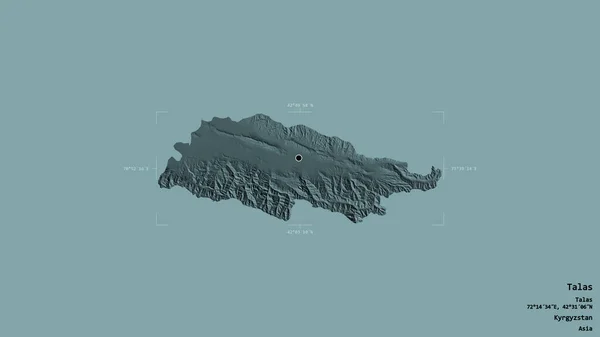 吉尔吉斯斯坦塔拉斯地区 在一个地理参照框的坚实背景下被隔离 彩色高程图 3D渲染 — 图库照片