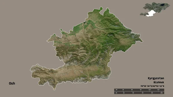 キルギスの州であるオシュの形は その首都がしっかりとした背景に孤立しています 距離スケール リージョンプレビュー およびラベル 衛星画像 3Dレンダリング — ストック写真