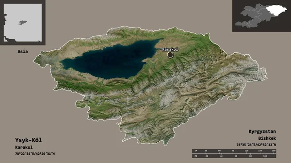 吉尔吉斯斯坦Ysyk Kol的形状及其首都 距离刻度 预览和标签 卫星图像 3D渲染 — 图库照片