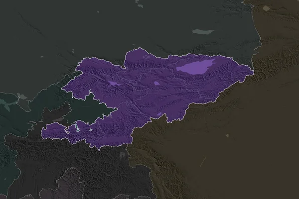 Shape of Kyrgyzstan separated by the desaturation of neighboring areas. Borders. Colored elevation map. 3D rendering