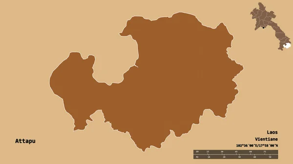 ラオスのタタプ県の形で その首都はしっかりとした背景に隔離されています 距離スケール リージョンプレビュー およびラベル パターン化されたテクスチャの構成 3Dレンダリング — ストック写真