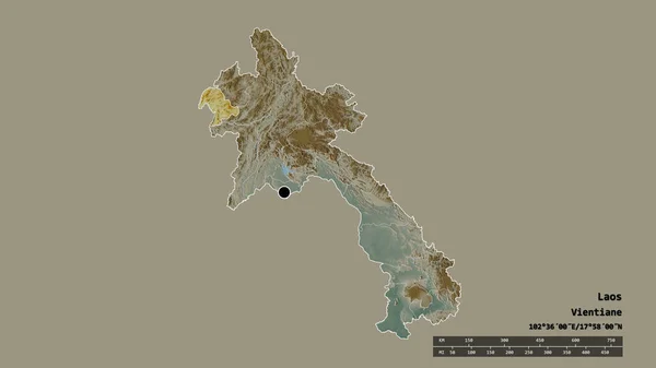 主要な地域部門と分離ボケオ地域とラオスの荒廃した形 ラベル 地形図 3Dレンダリング — ストック写真