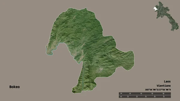 老挝省博科省的形状 其首都在坚实的背景下与世隔绝 距离尺度 区域预览和标签 卫星图像 3D渲染 — 图库照片