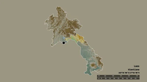 主要な地域部門と分離ボリカムサイ地域とラオスの荒廃した形 ラベル 地形図 3Dレンダリング — ストック写真