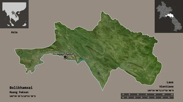 老挝省玻利瓦尔哈姆赛省的形状及其首都 距离刻度 预览和标签 卫星图像 3D渲染 — 图库照片