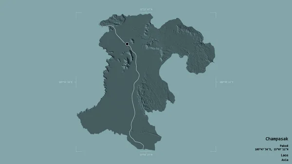 ラオスのチャンパサク州の地域は 洗練された境界ボックスにしっかりとした背景に隔離されています ラベル 色の標高マップ 3Dレンダリング — ストック写真