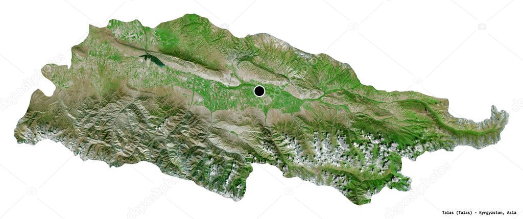 Shape of Talas, province of Kyrgyzstan, with its capital isolated on white background. Satellite imagery. 3D rendering