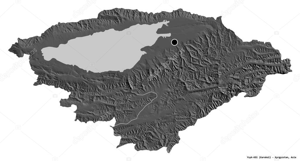 Shape of Ysyk-Kol, province of Kyrgyzstan, with its capital isolated on white background. Bilevel elevation map. 3D rendering