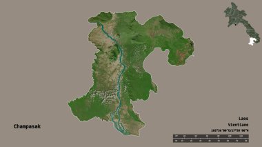 Laos ili Champasak 'ın başkenti sağlam bir zemin ile izole edilmiştir. Uzaklık ölçeği, bölge önizlemesi ve etiketleri. Uydu görüntüleri. 3B görüntüleme