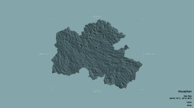 Houaphan bölgesi, Laos vilayeti, jeoreferatlı bir sınır kutusunda sağlam bir arka planda izole edilmiş. Etiketler. Renkli yükseklik haritası. 3B görüntüleme