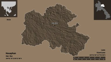 Houaphan 'ın şekli, Laos vilayeti ve başkenti. Uzaklık ölçeği, ön gösterimler ve etiketler. Renkli yükseklik haritası. 3B görüntüleme