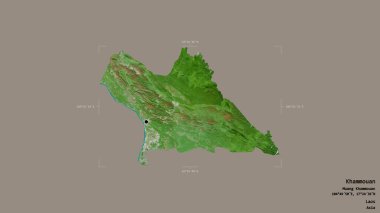 Khammouan bölgesi, Laos vilayeti, jeoreferatlı bir sınır kutusunda sağlam bir arka planda izole edilmiş. Etiketler. Uydu görüntüleri. 3B görüntüleme