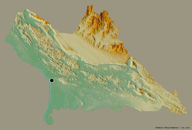 Khammouan, Laos ili, başkenti katı renk arkaplanı ile izole edilmiştir. Topografik yardım haritası. 3B görüntüleme