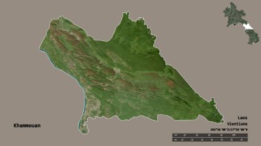 Khammouan, Laos ili, başkenti sağlam arka planda izole edilmiş. Uzaklık ölçeği, bölge önizlemesi ve etiketleri. Uydu görüntüleri. 3B görüntüleme