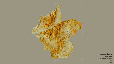 Louang Namtha bölgesi, Laos vilayeti, jeoreferatlı bir sınır kutusunda sağlam bir arka planda izole edildi. Etiketler. Topografik yardım haritası. 3B görüntüleme