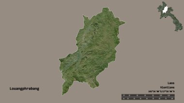 Başkenti sağlam bir zemin üzerinde izole edilmiş Louangthe, Laos vilayeti. Uzaklık ölçeği, bölge önizlemesi ve etiketleri. Uydu görüntüleri. 3B görüntüleme