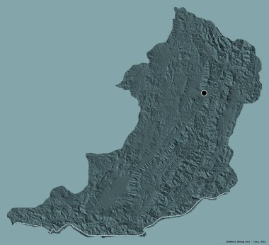 Laos 'un başkenti Oudomxai' nin katı renk arkaplanı ile izole edilmiş hali. Renkli yükseklik haritası. 3B görüntüleme