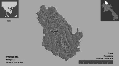 Phongsali, Laos ili ve başkenti. Uzaklık ölçeği, ön gösterimler ve etiketler. Çift seviyeli yükseklik haritası. 3B görüntüleme