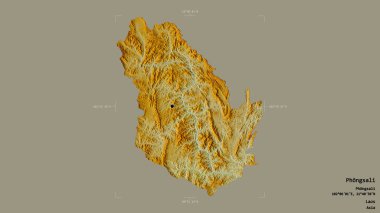 Phongsali bölgesi, Laos vilayeti, jeoreferatlı bir sınır kutusunda sağlam bir arka planda izole edilmiş. Etiketler. Topografik yardım haritası. 3B görüntüleme