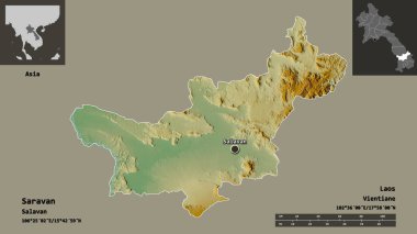 Saravan 'ın şekli, Laos vilayeti ve başkenti. Uzaklık ölçeği, ön gösterimler ve etiketler. Topografik yardım haritası. 3B görüntüleme