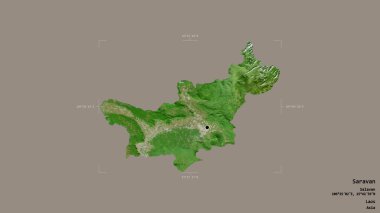 Saravan bölgesi, Laos vilayeti, jeoreferatlı bir sınır kutusunda sağlam bir arka planda izole edilmiş. Etiketler. Uydu görüntüleri. 3B görüntüleme