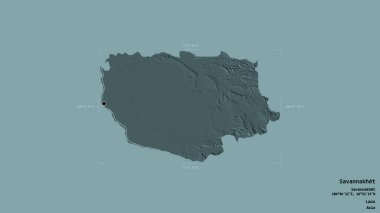 Savannakhet bölgesi, Laos vilayeti, jeoreferatlı bir sınır kutusunda sağlam bir arka planda izole edilmiş. Etiketler. Renkli yükseklik haritası. 3B görüntüleme