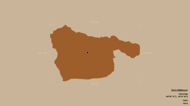 Xaisomboun bölgesi, Laos 'un özel bölgesi, katı bir arka planda izole edilmiş bir sınır kutusunda. Etiketler. Desenli dokuların bileşimi. 3B görüntüleme