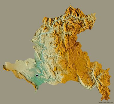 Laos 'un başkenti Xekong' un katı renk arkaplanı ile izole edilmiş hali. Topografik yardım haritası. 3B görüntüleme