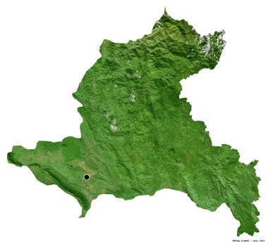 Beyaz arka planda başkenti izole edilmiş Xekong, Laos vilayeti. Uydu görüntüleri. 3B görüntüleme