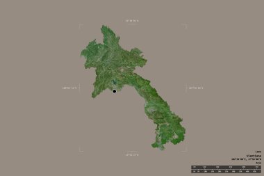 Laos bölgesi katı bir arka planda izole edilmiş bir sınır kutusunda. Ana bölgesel bölüm, mesafe ölçeği, etiketler. Uydu görüntüleri. 3B görüntüleme