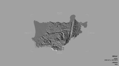 Akkar bölgesi, Lübnan Valiliği, jeoreferatlı bir sınır kutusunda sağlam bir arka planda izole edildi. Etiketler. Çift seviyeli yükseklik haritası. 3B görüntüleme