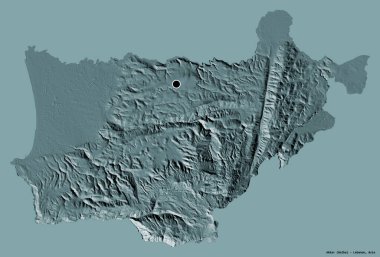 Lübnan Valisi Akkar 'ın şekli, sermayesi koyu renk arka planda izole edilmiş. Renkli yükseklik haritası. 3B görüntüleme