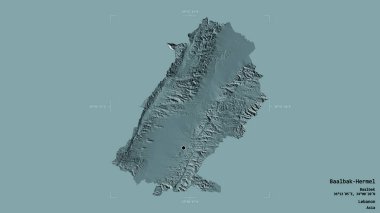 Baalbak-Hermel bölgesi, Lübnan valiliği, sağlam bir arka planda izole edilmiş bir sınır kutusunda. Etiketler. Renkli yükseklik haritası. 3B görüntüleme