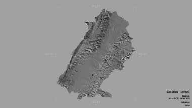 Baalbak-Hermel bölgesi, Lübnan valiliği, sağlam bir arka planda izole edilmiş bir sınır kutusunda. Etiketler. Çift seviyeli yükseklik haritası. 3B görüntüleme